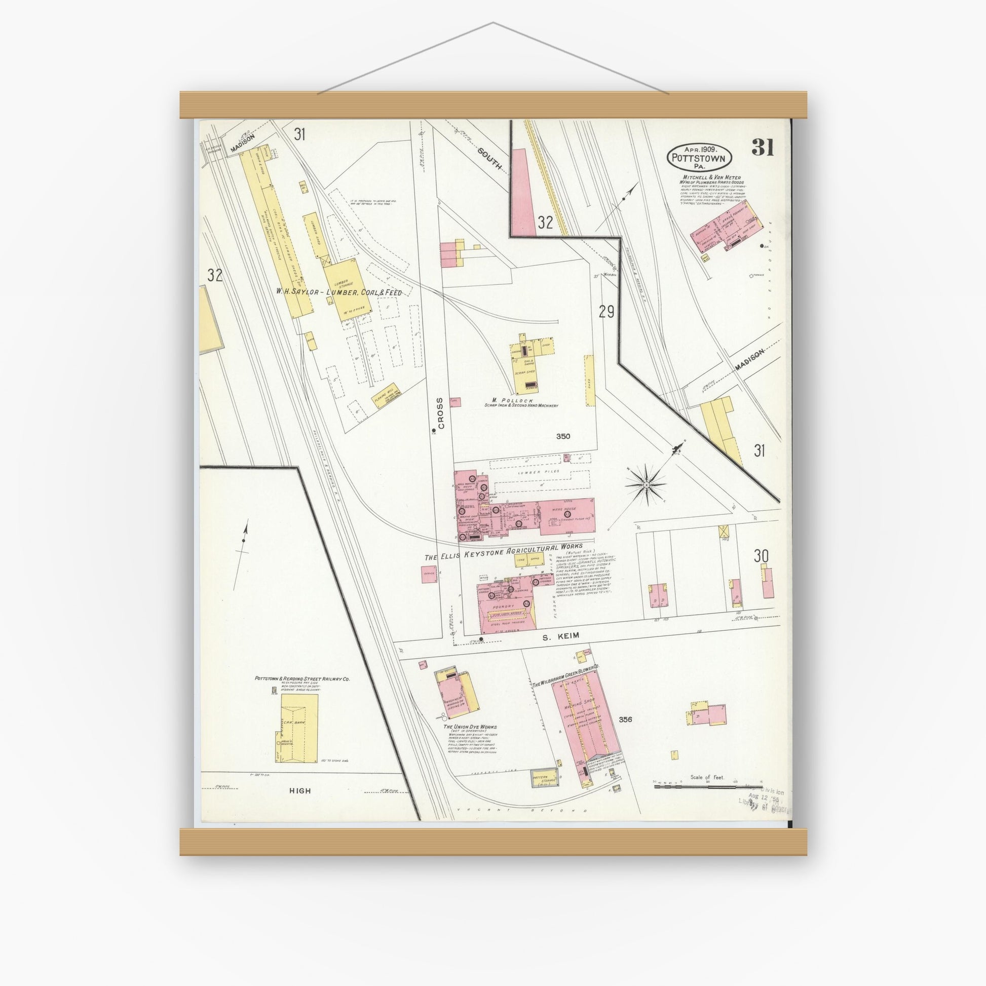 Old map wall art mockup — magnetic wood frame on white wall — Sanborn Fire Insurance Map from Pottstown, Montgomery County, Pennsylvania (1909), Sheet #0031