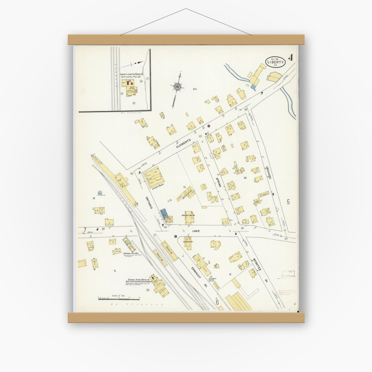 Old map wall art mockup — magnetic wood frame on white wall — Sanborn Fire Insurance Map from Liberty, Sullivan County, New York (1911), Sheet #0004