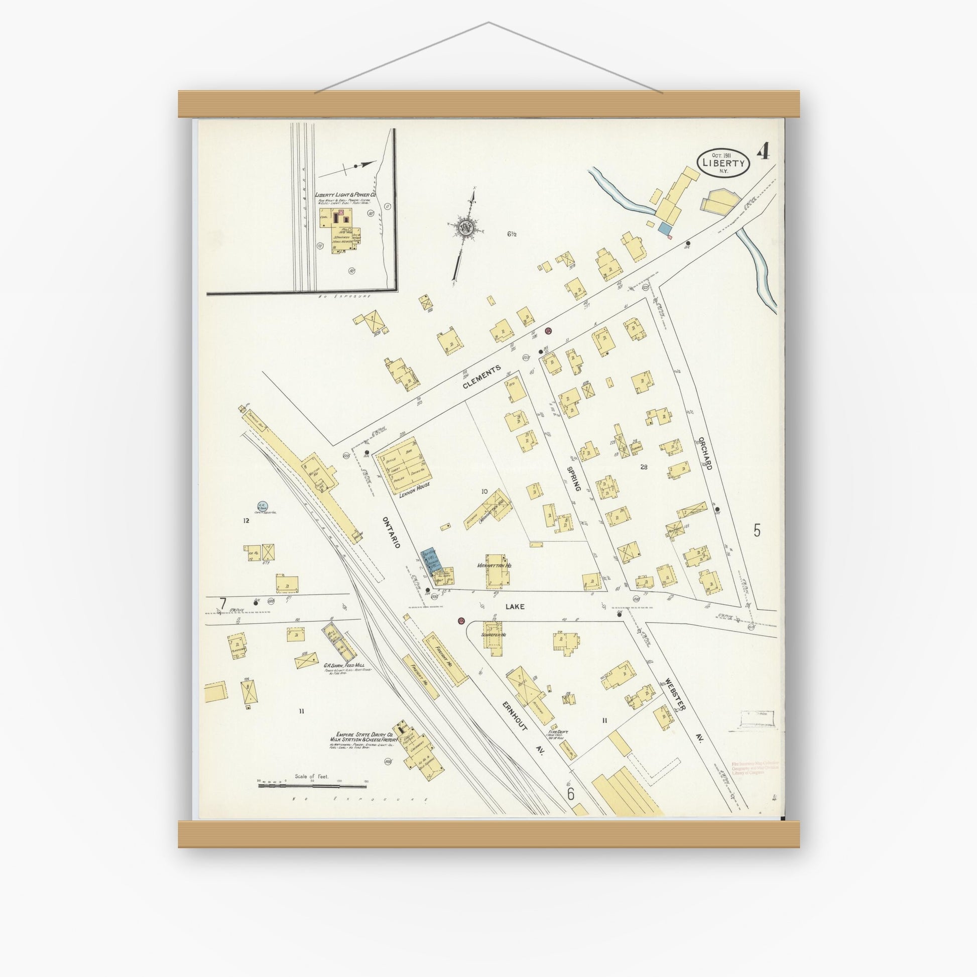 Old map wall art mockup — magnetic wood frame on white wall — Sanborn Fire Insurance Map from Liberty, Sullivan County, New York (1911), Sheet #0004