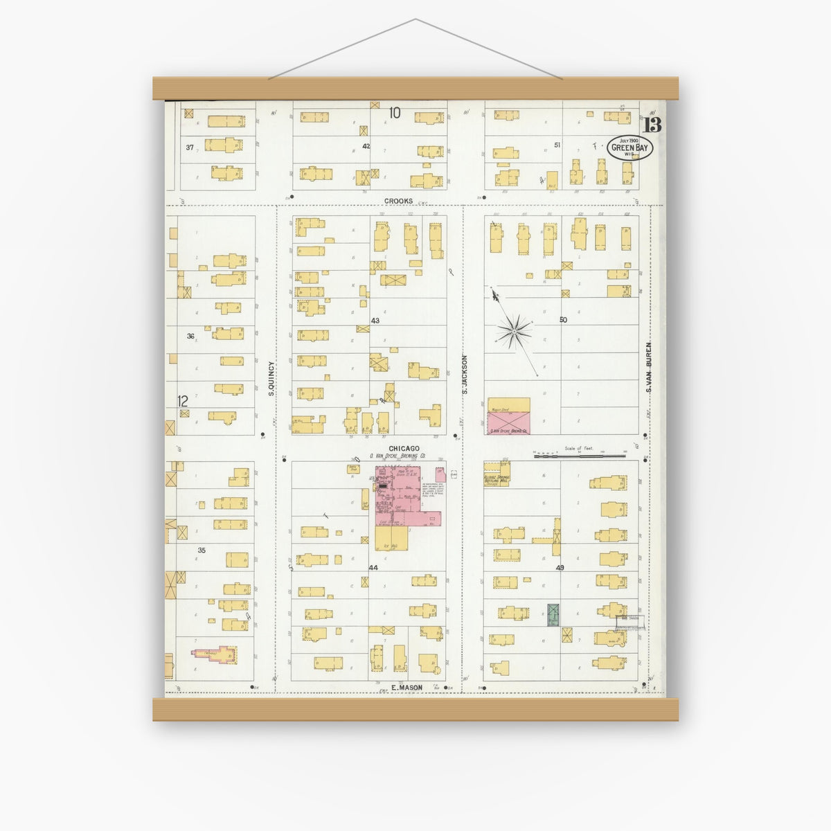 Old map wall art mockup — magnetic wood frame on white wall — Sanborn Fire Insurance Map from Green Bay, Brown County, Wisconsin (1900), Sheet #0013