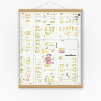 Old map wall art mockup — magnetic wood frame on white wall — Sanborn Fire Insurance Map from Green Bay, Brown County, Wisconsin (1900), Sheet #0013
