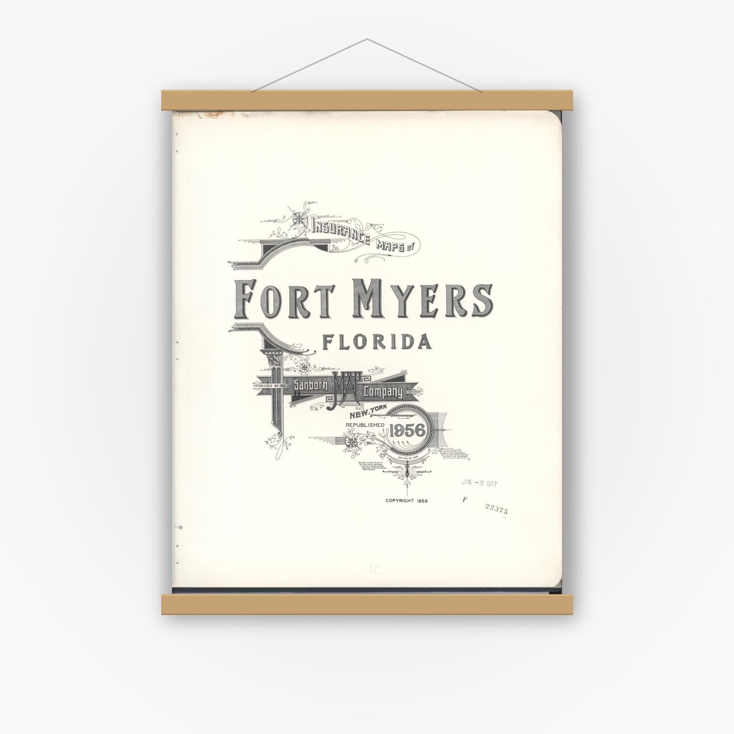 Old map wall art mockup — magnetic wood frame on white wall — Sanborn Fire Insurance Map from Fort Myers, Lee County, Florida (1956), Sheet #0001