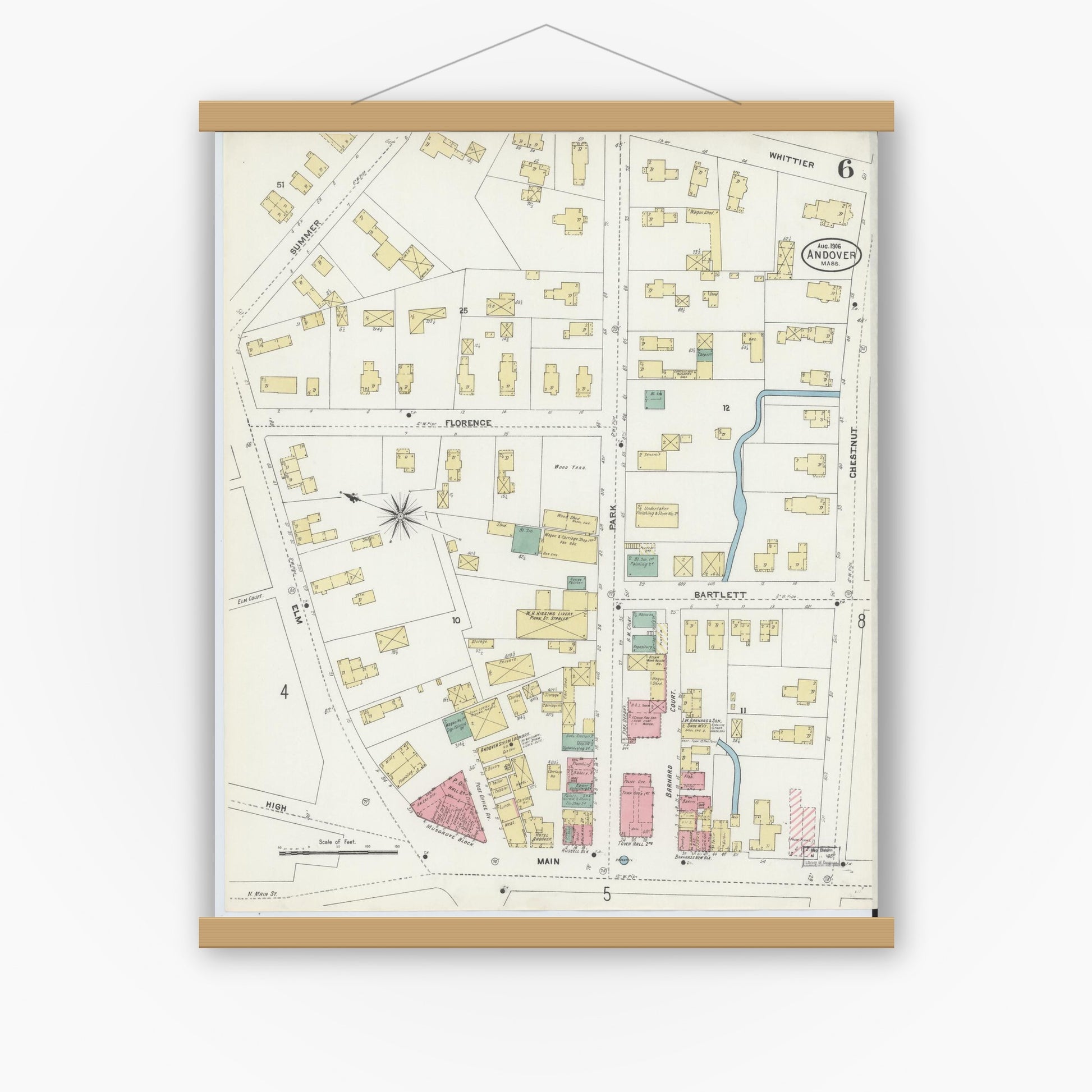 Old map wall art mockup — magnetic wood frame on white wall — Sanborn Fire Insurance Map from Andover, Essex County, Massachusetts (1906), Sheet #0006