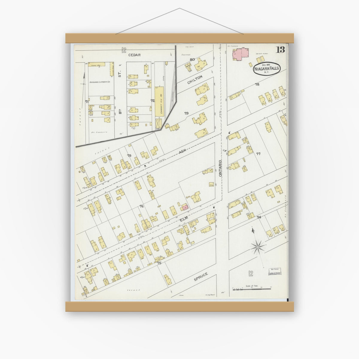 Old map wall art mockup — magnetic wood frame on white wall — Sanborn Fire Insurance Map from Niagara Falls, Niagara County, New York (1892), Sheet #0013