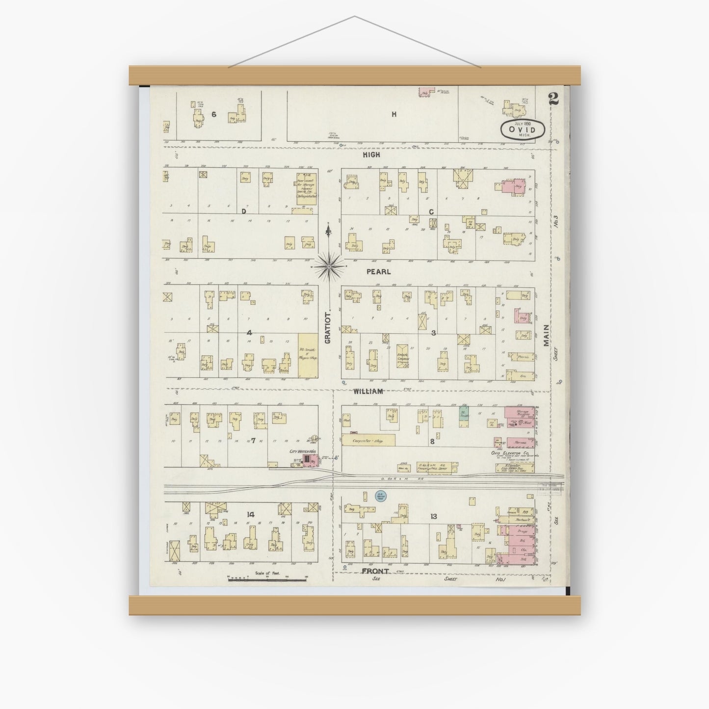 Old map wall art mockup — magnetic wood frame on white wall — Sanborn Fire Insurance Map from Ovid, Clinton County, Michigan (1890), Sheet #0002