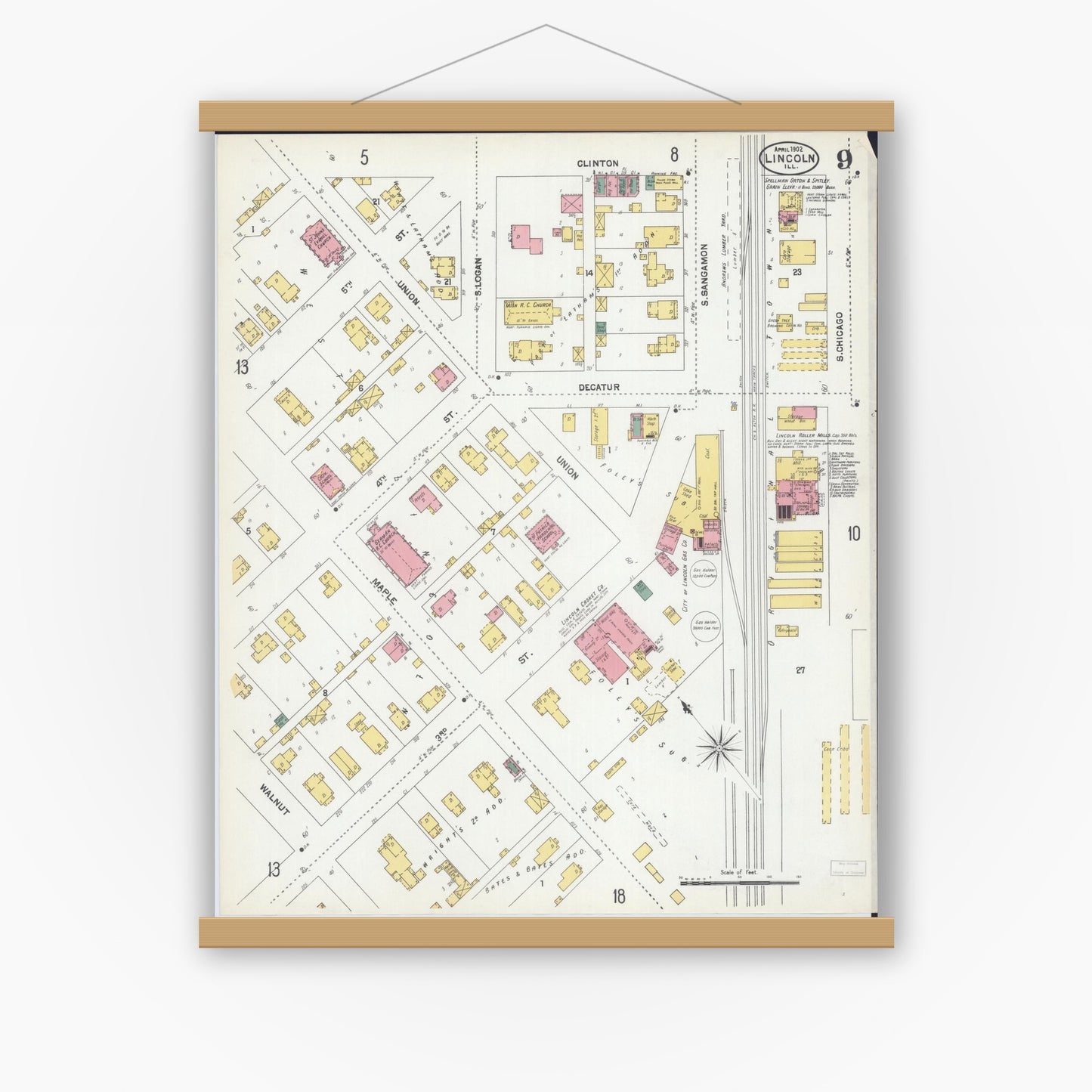 Old map wall art mockup — magnetic wood frame on white wall — Sanborn Fire Insurance Map from Lincoln, Logan County, Illinois (1902), Sheet #0009