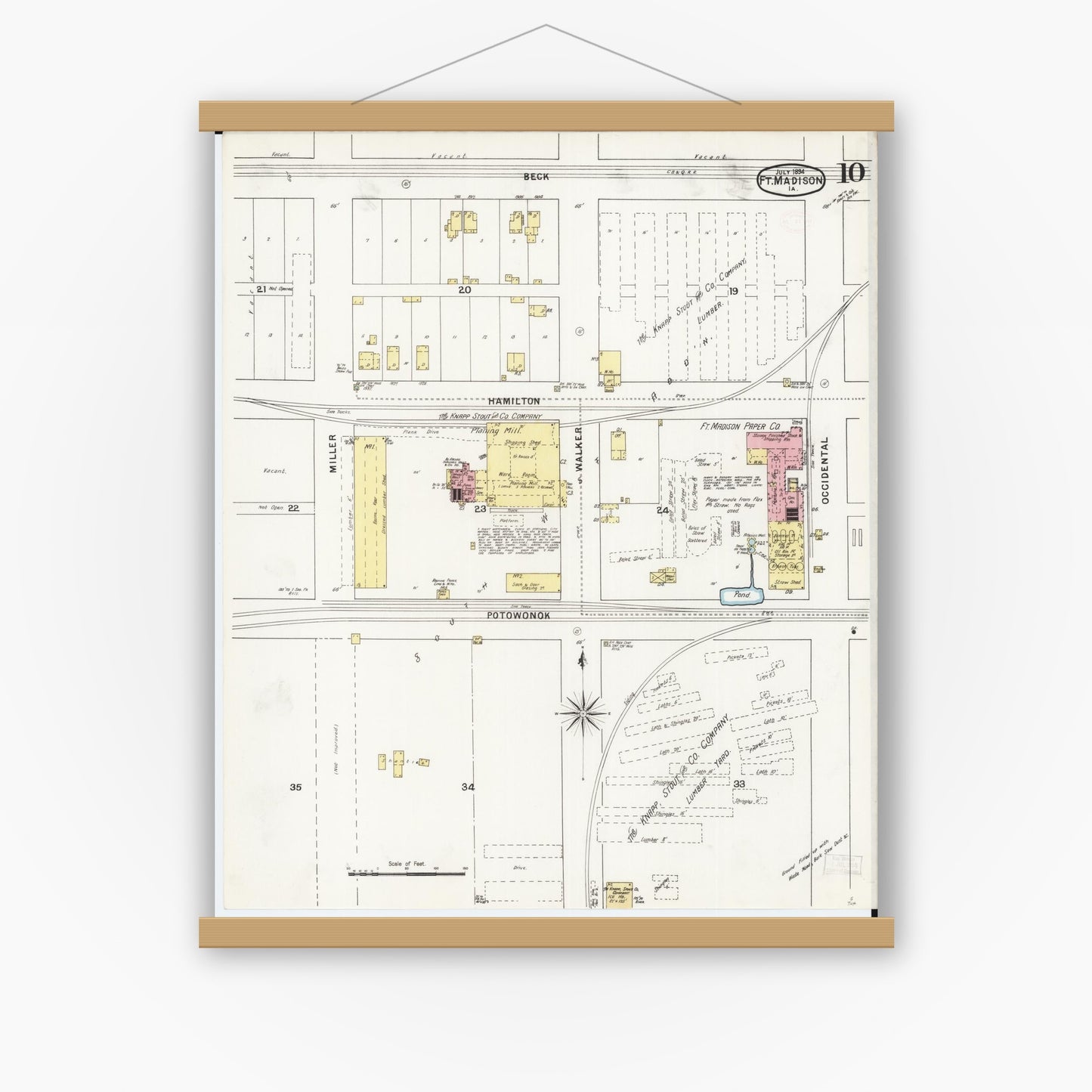 Old map wall art mockup — magnetic wood frame on white wall — Sanborn Fire Insurance Map from Fort Madison, Lee County, Iowa (1894), Sheet #0010