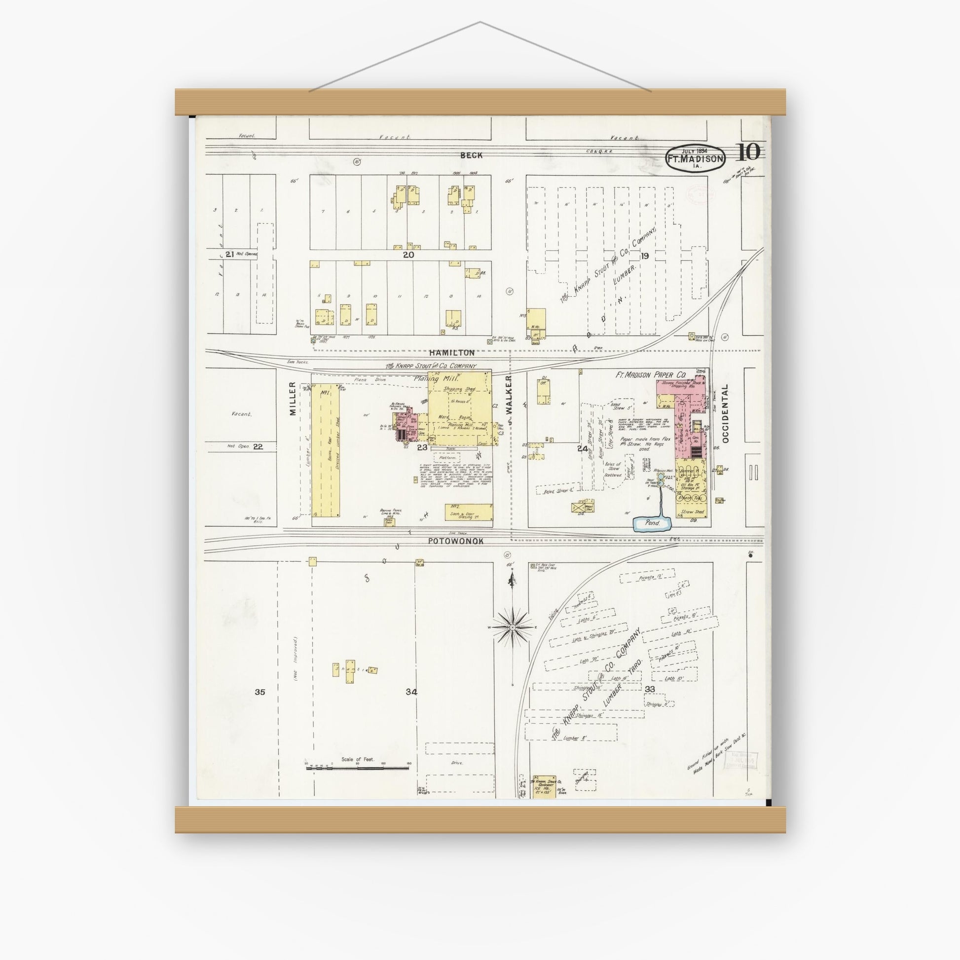 Old map wall art mockup — magnetic wood frame on white wall — Sanborn Fire Insurance Map from Fort Madison, Lee County, Iowa (1894), Sheet #0010