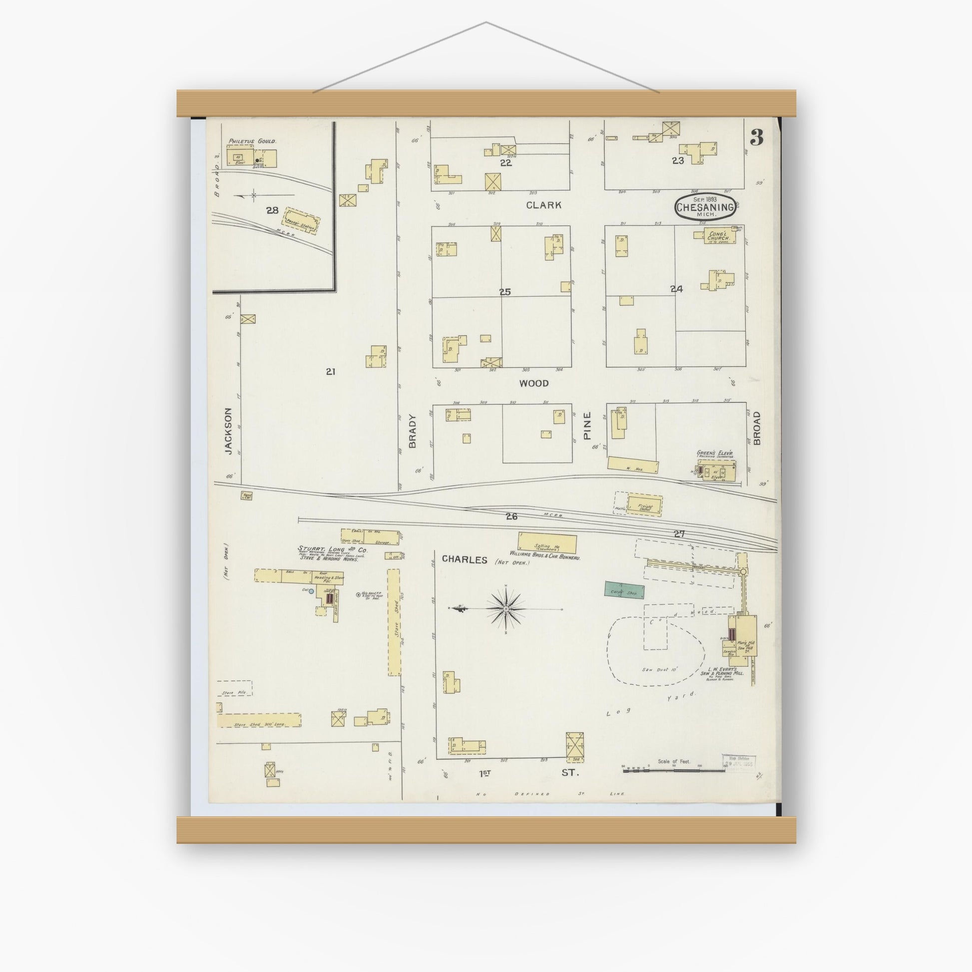 Old map wall art mockup — magnetic wood frame on white wall — Sanborn Fire Insurance Map from Chesaning, Saginaw County, Michigan (1893), Sheet #0003