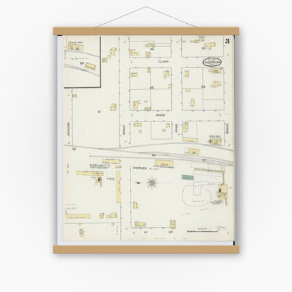 Old map wall art mockup — magnetic wood frame on white wall — Sanborn Fire Insurance Map from Chesaning, Saginaw County, Michigan (1893), Sheet #0003
