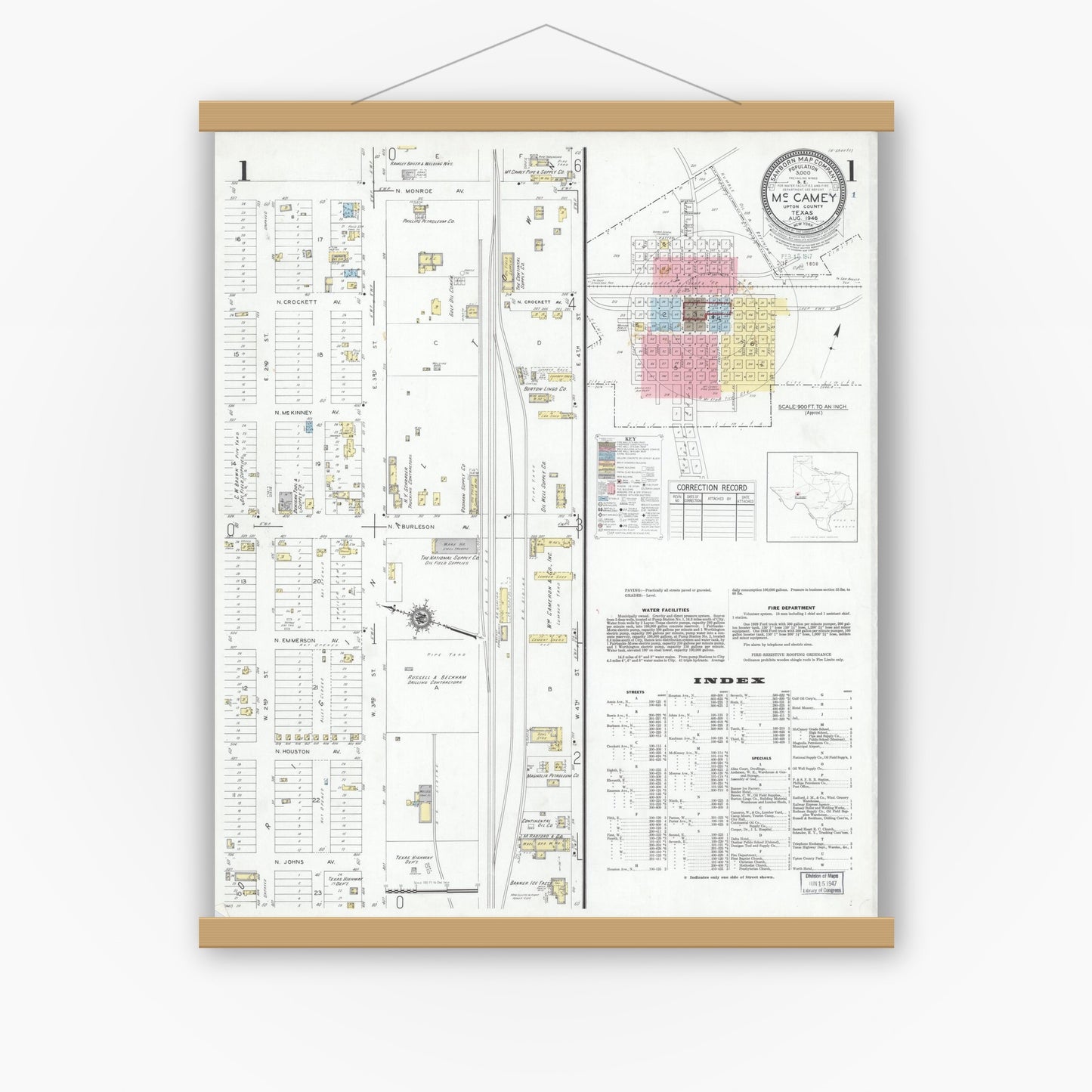 Old map wall art mockup — magnetic wood frame on white wall — Sanborn Fire Insurance Map from McCamey, Upton County, Texas (1946) - Complete Map Set