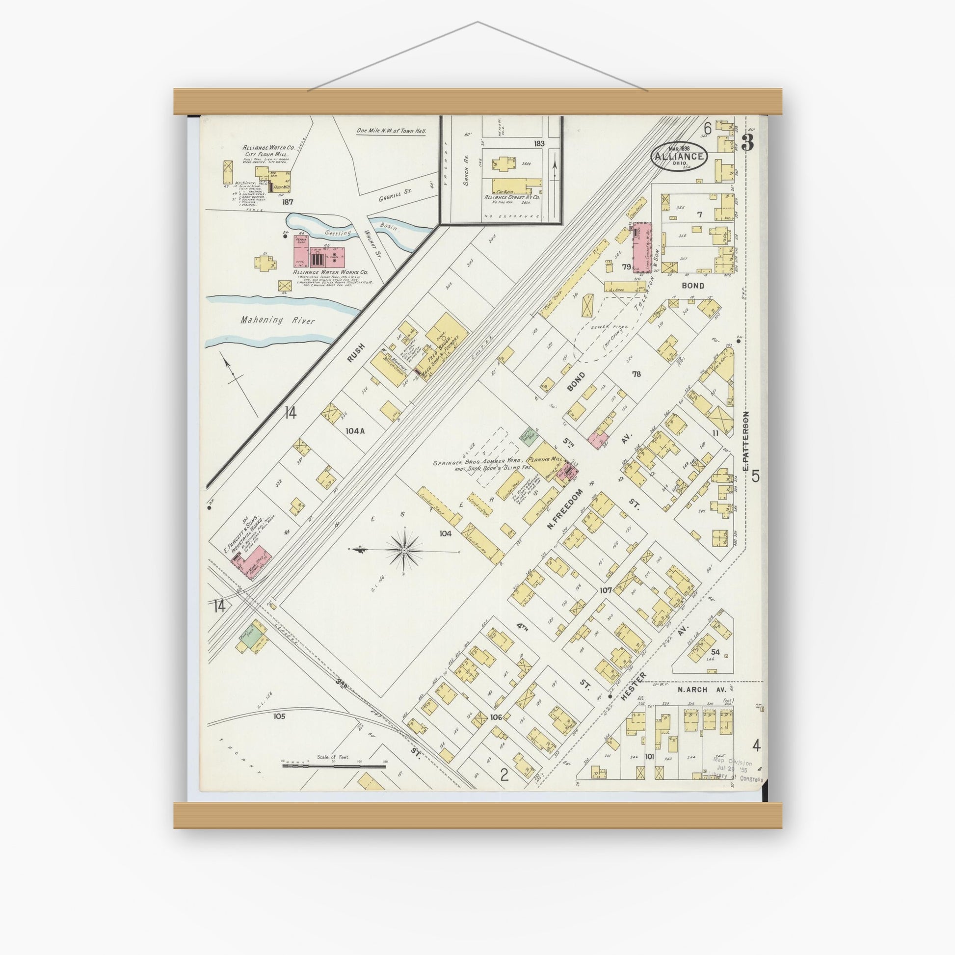 Old map wall art mockup — magnetic wood frame on white wall — Sanborn Fire Insurance Map from Alliance, Stark County, Ohio (1898), Sheet #0003