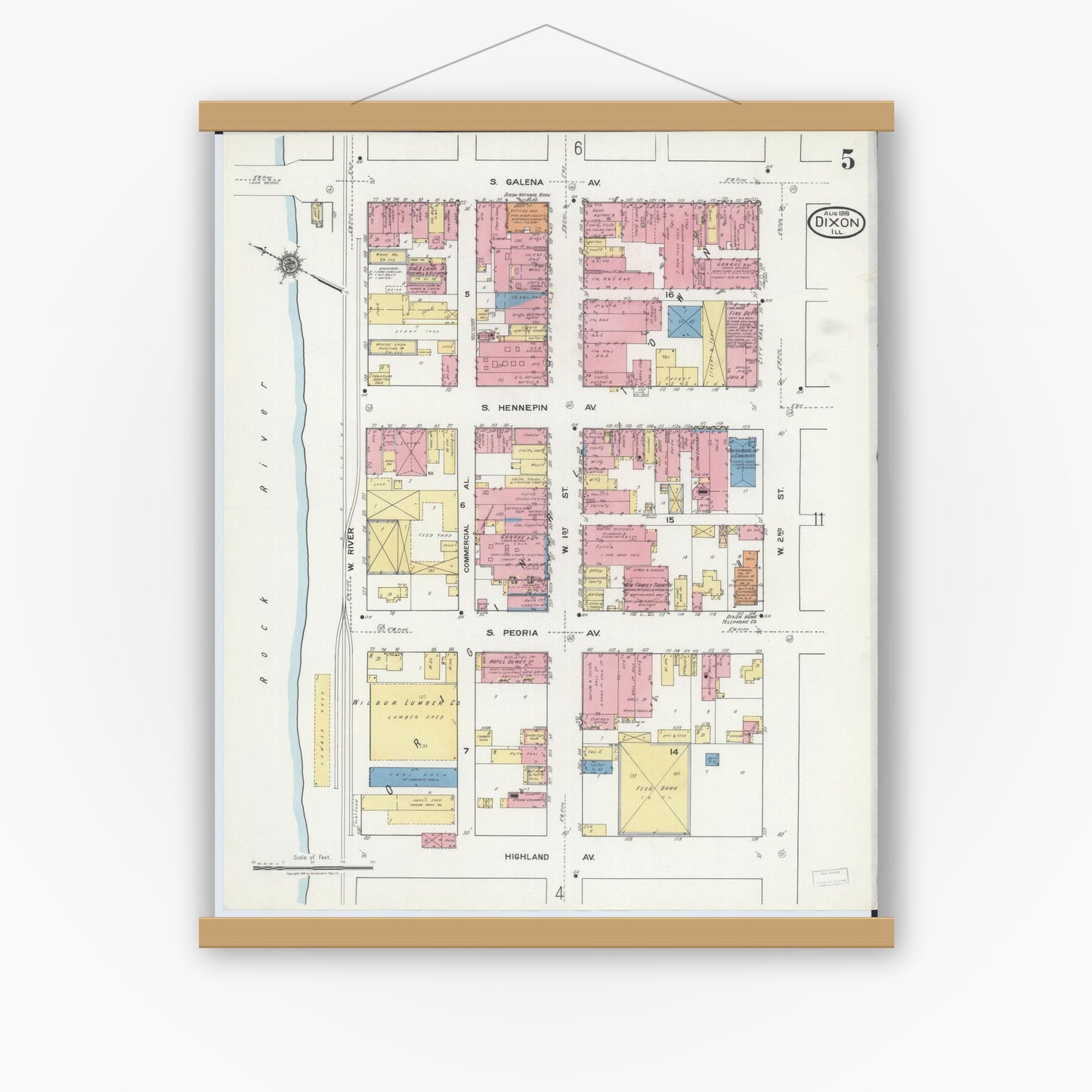 Old map wall art mockup — magnetic wood frame on white wall — Sanborn Fire Insurance Map from Dixon, Lee County, Illinois (1918), Sheet #0005