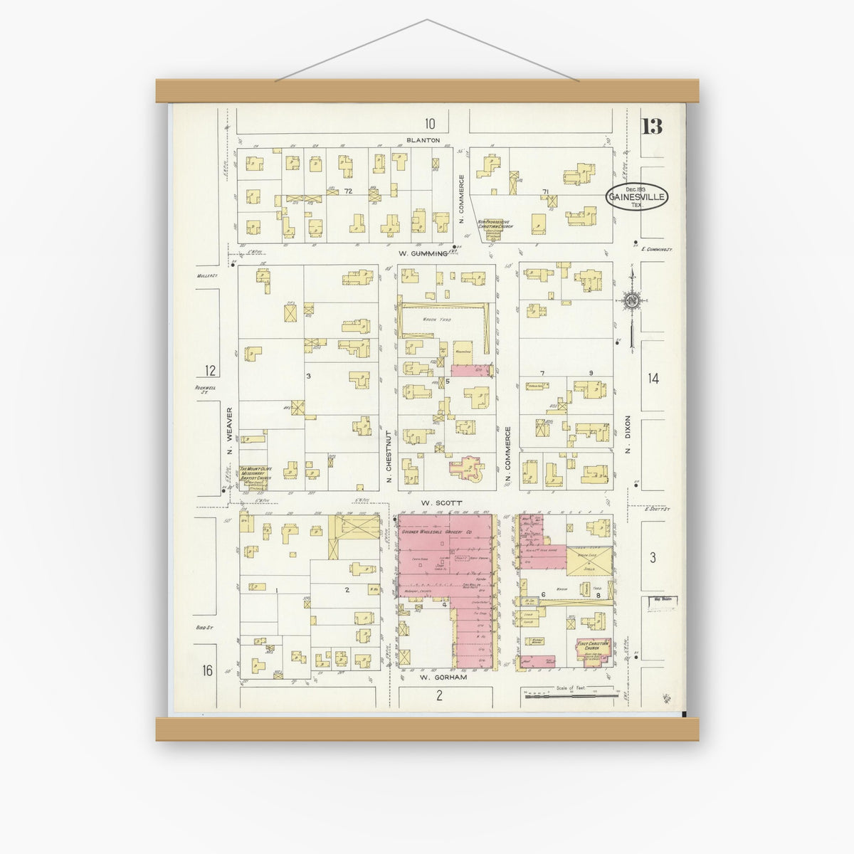 Old map wall art mockup — magnetic wood frame on white wall — Sanborn Fire Insurance Map from Gainesville, Cooke County, Texas (1913), Sheet #0013