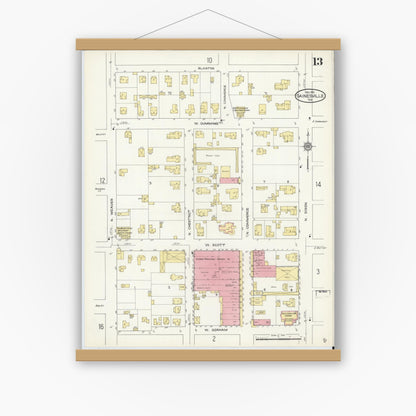 Old map wall art mockup — magnetic wood frame on white wall — Sanborn Fire Insurance Map from Gainesville, Cooke County, Texas (1913), Sheet #0013