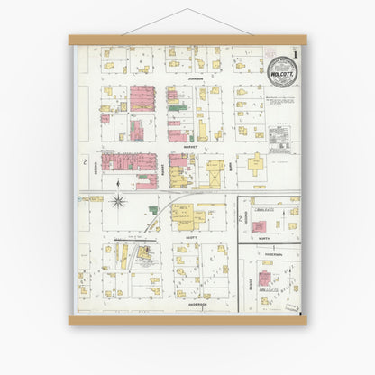 Old map wall art mockup — magnetic wood frame on white wall — Sanborn Fire Insurance Map from Wolcott, White County, Indiana (1904) - Complete Map Set