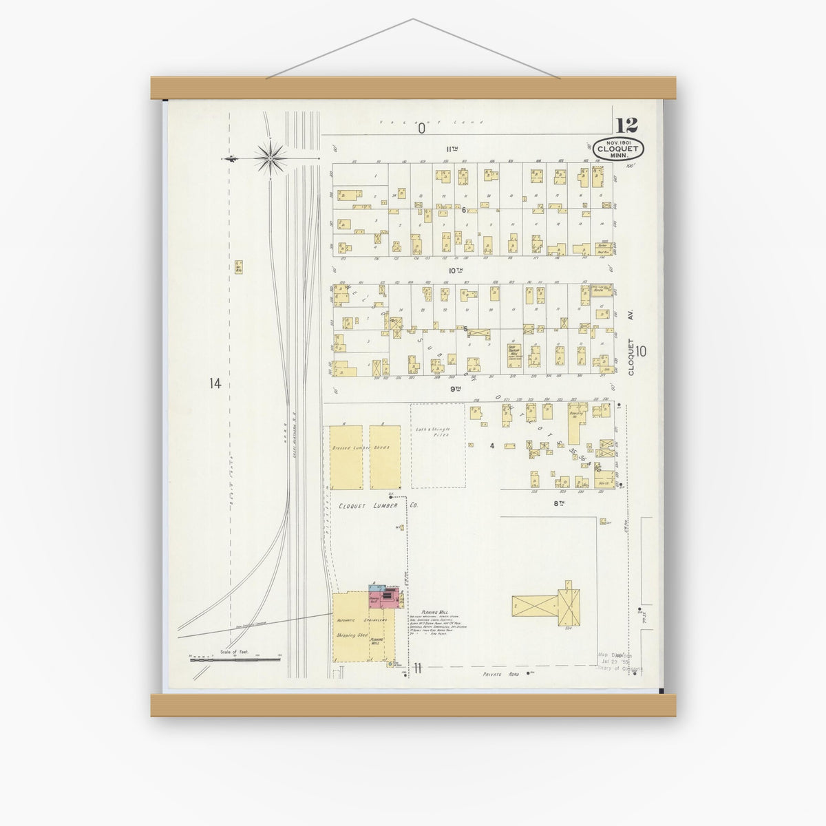 Old map wall art mockup — magnetic wood frame on white wall — Sanborn Fire Insurance Map from Cloquet, Carlton County, Minnesota (1901), Sheet #0012