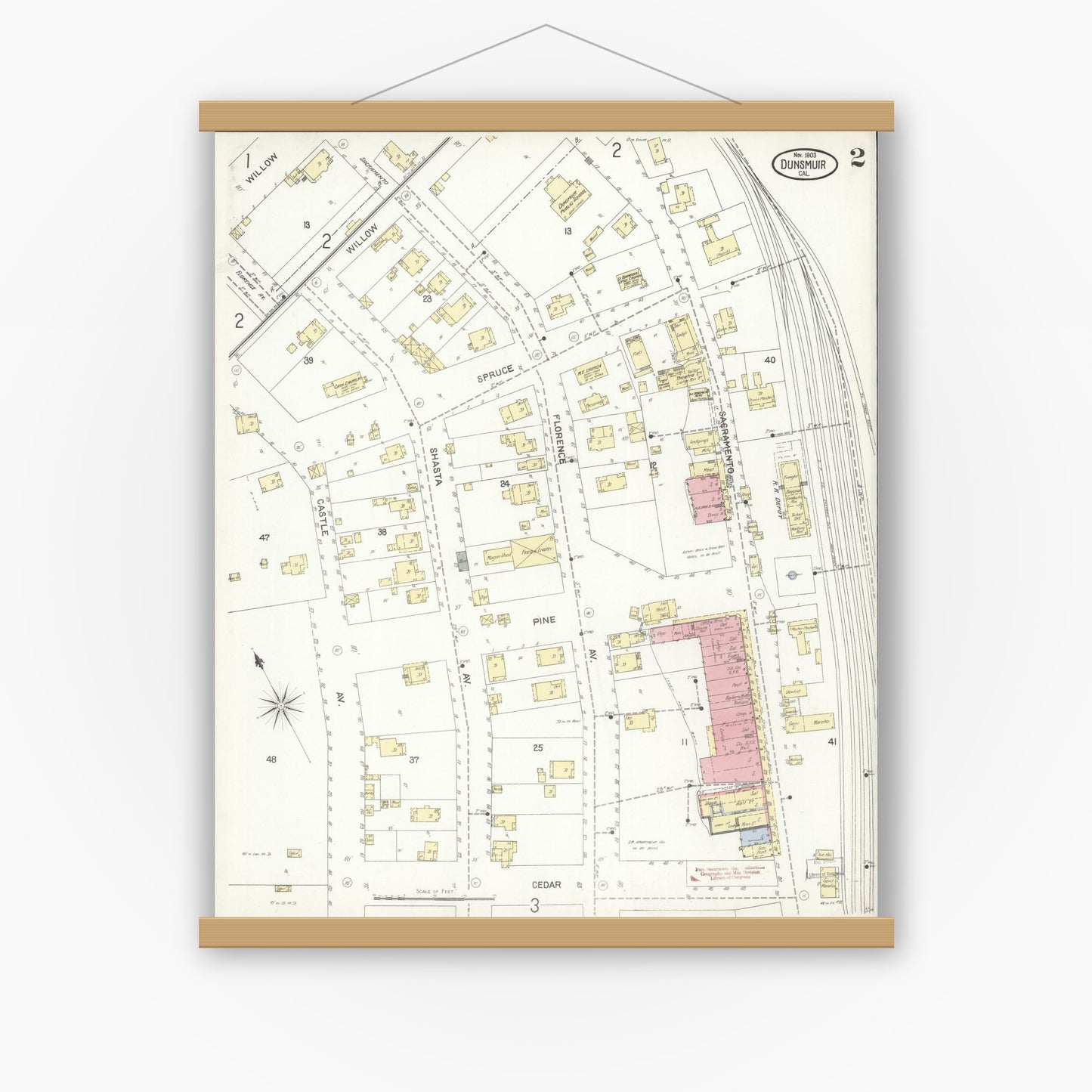 Old map wall art mockup — magnetic wood frame on white wall — Sanborn Fire Insurance Map from Dunsmuir, Siskiyou County, California (1903), Sheet #0002