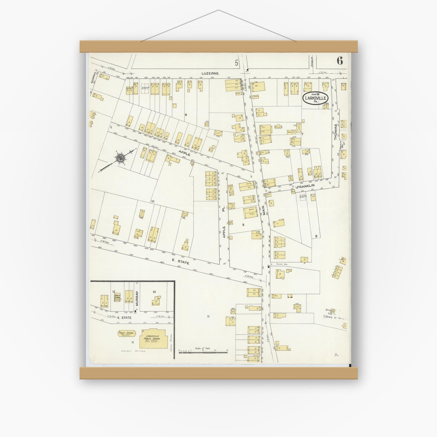 Old map wall art mockup — magnetic wood frame on white wall — Sanborn Fire Insurance Map from Larksville, Luzerne County, Pennsylvania (1911), Sheet #0006