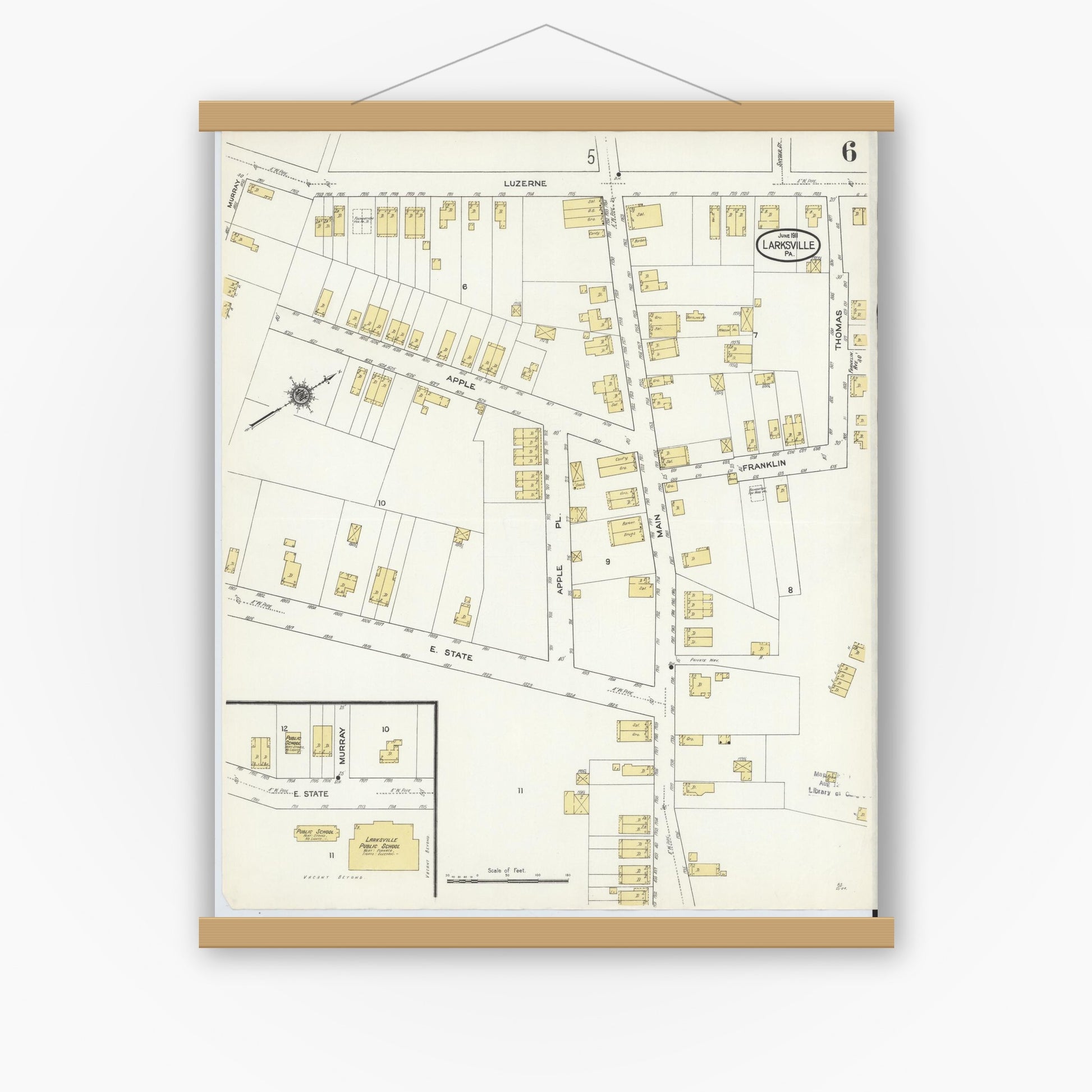 Old map wall art mockup — magnetic wood frame on white wall — Sanborn Fire Insurance Map from Larksville, Luzerne County, Pennsylvania (1911), Sheet #0006