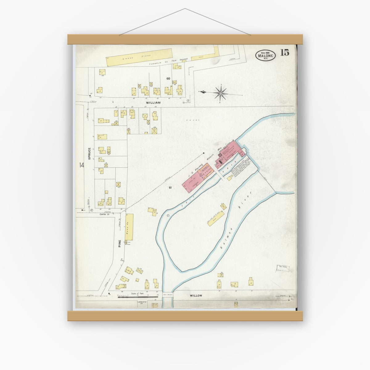 Old map wall art mockup — magnetic wood frame on white wall — Sanborn Fire Insurance Map from Malone, Franklin County, New York (1908), Sheet #0015