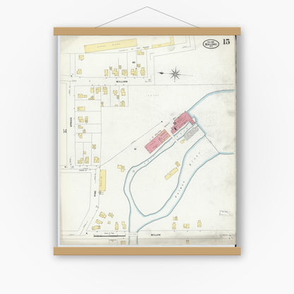 Old map wall art mockup — magnetic wood frame on white wall — Sanborn Fire Insurance Map from Malone, Franklin County, New York (1908), Sheet #0015