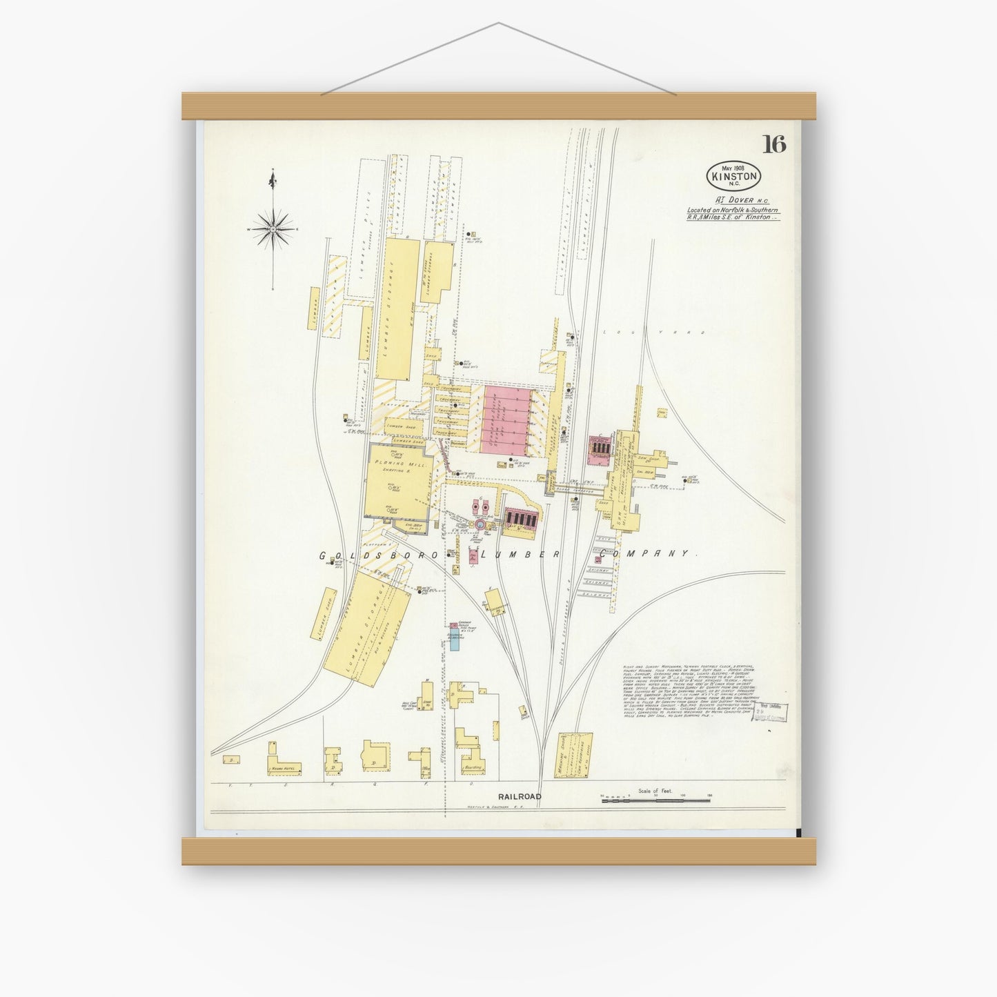 Old map wall art mockup — magnetic wood frame on white wall — Sanborn Fire Insurance Map from Kinston, Lenoir County, North Carolina (1908), Sheet #0016