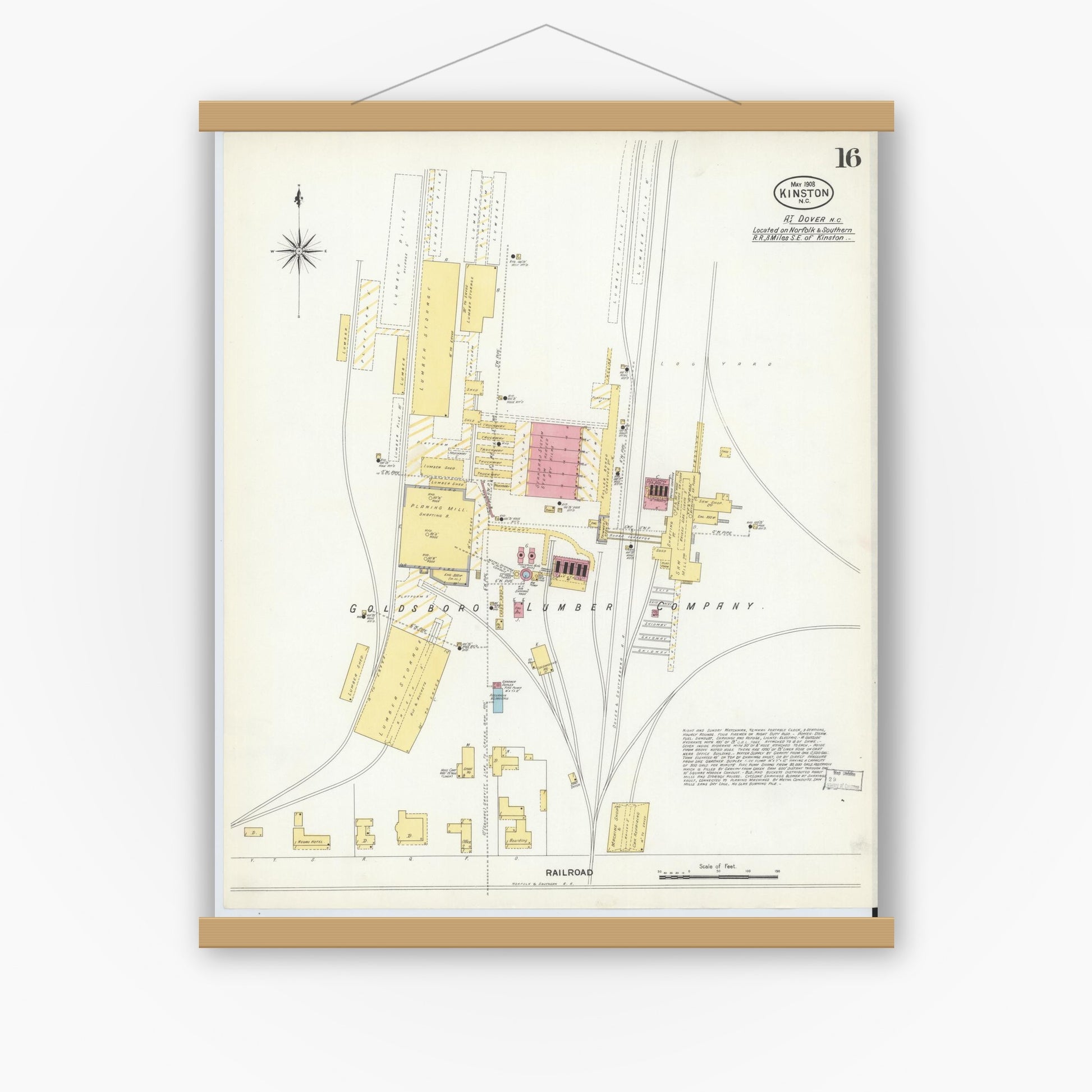 Old map wall art mockup — magnetic wood frame on white wall — Sanborn Fire Insurance Map from Kinston, Lenoir County, North Carolina (1908), Sheet #0016