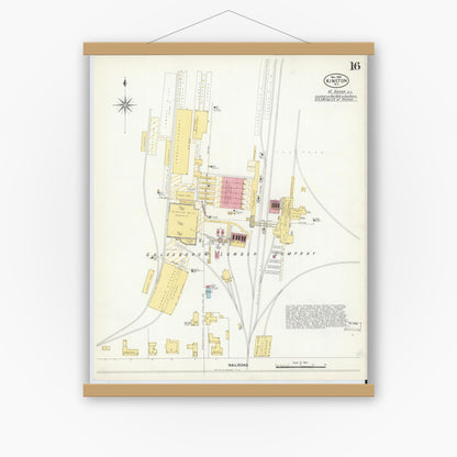 Old map wall art mockup — magnetic wood frame on white wall — Sanborn Fire Insurance Map from Kinston, Lenoir County, North Carolina (1908), Sheet #0016
