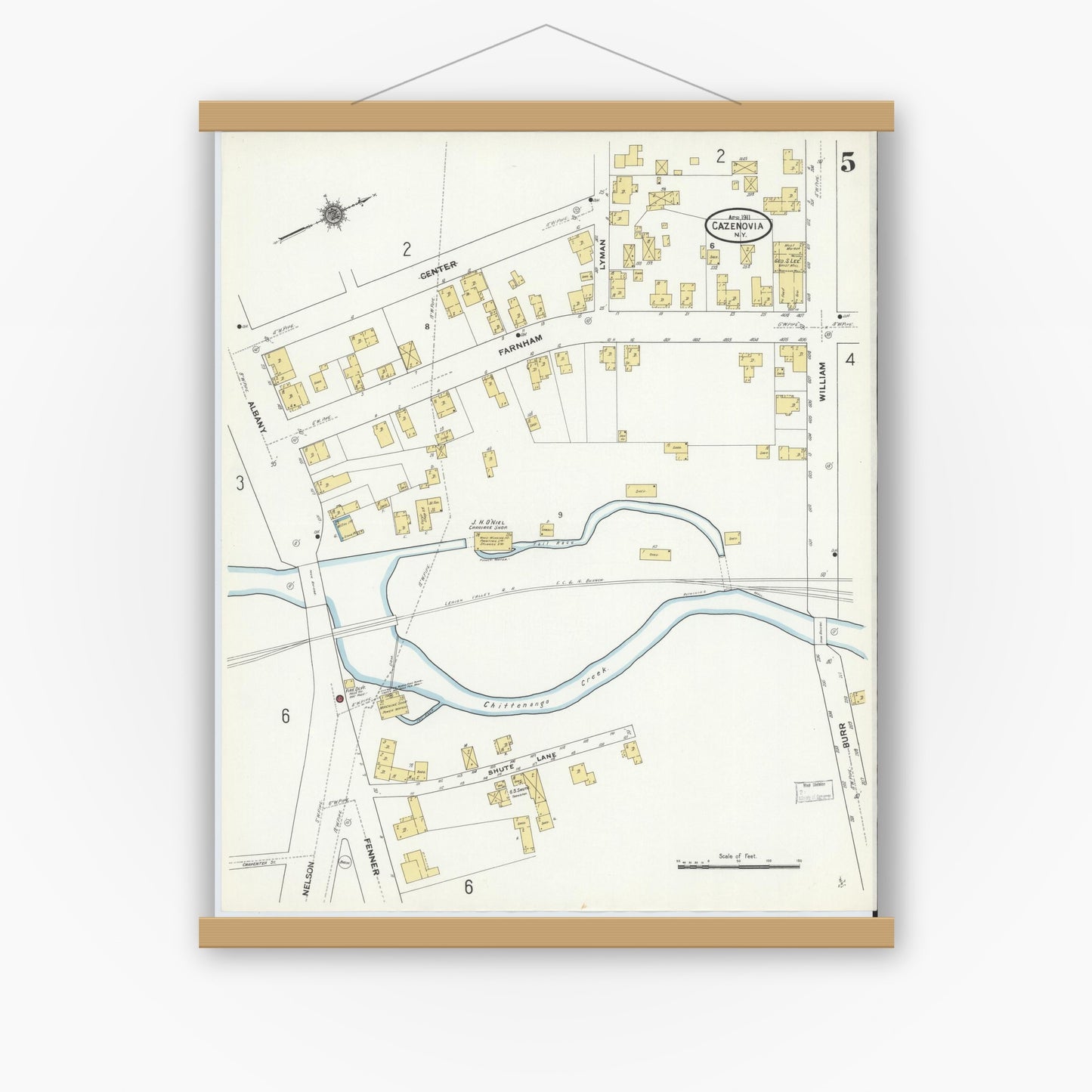 Old map wall art mockup — magnetic wood frame on white wall — Sanborn Fire Insurance Map from Cazenovia, Madison County, New York (1911), Sheet #0005