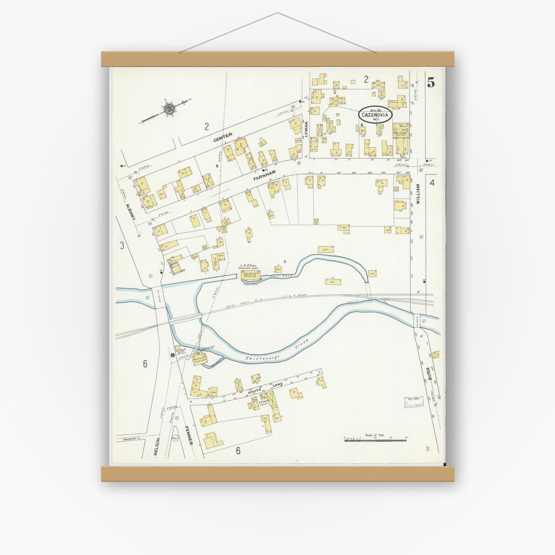 Old map wall art mockup — magnetic wood frame on white wall — Sanborn Fire Insurance Map from Cazenovia, Madison County, New York (1911), Sheet #0005