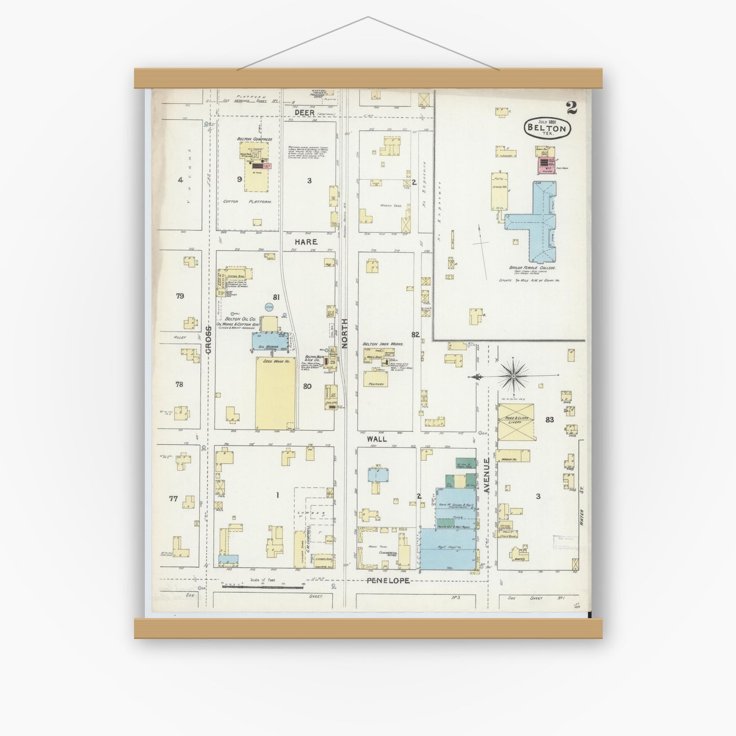 Old map wall art mockup — magnetic wood frame on white wall — Sanborn Fire Insurance Map from Belton, Bell County, Texas (1891), Sheet #0002