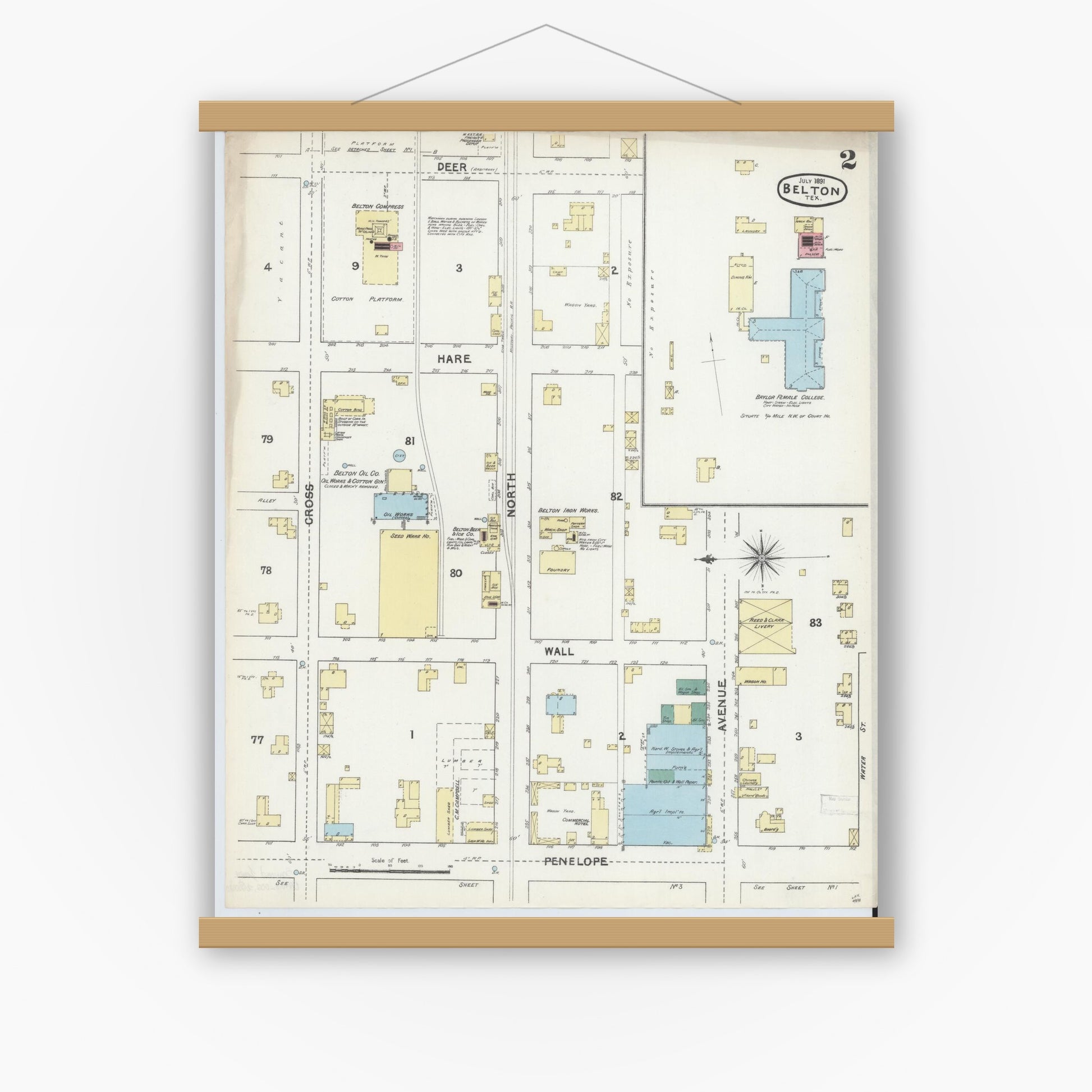 Old map wall art mockup — magnetic wood frame on white wall — Sanborn Fire Insurance Map from Belton, Bell County, Texas (1891), Sheet #0002
