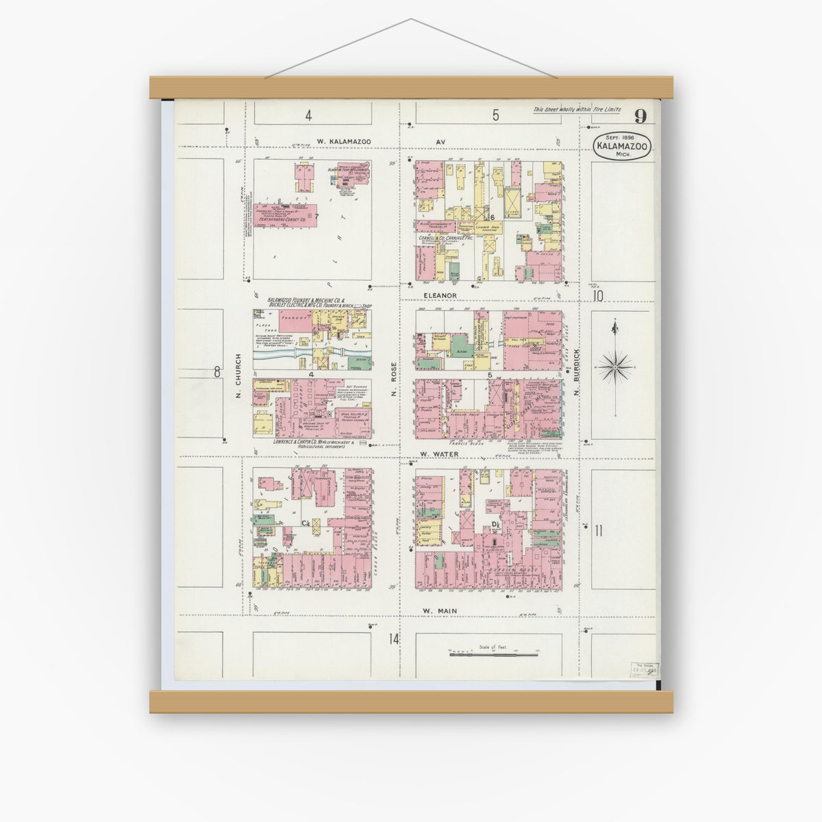 Old map wall art mockup — magnetic wood frame on white wall — Sanborn Fire Insurance Map from Kalamazoo, Kalamazoo County, Michigan (1896), Sheet #0009