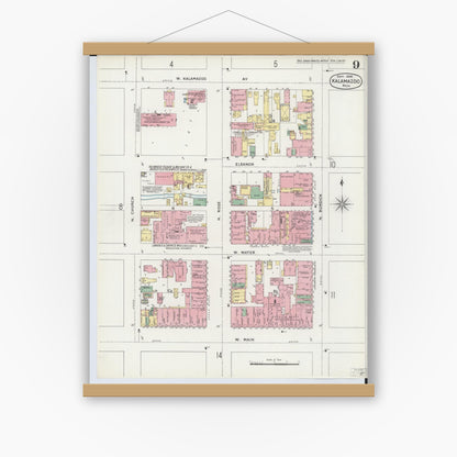 Old map wall art mockup — magnetic wood frame on white wall — Sanborn Fire Insurance Map from Kalamazoo, Kalamazoo County, Michigan (1896), Sheet #0009