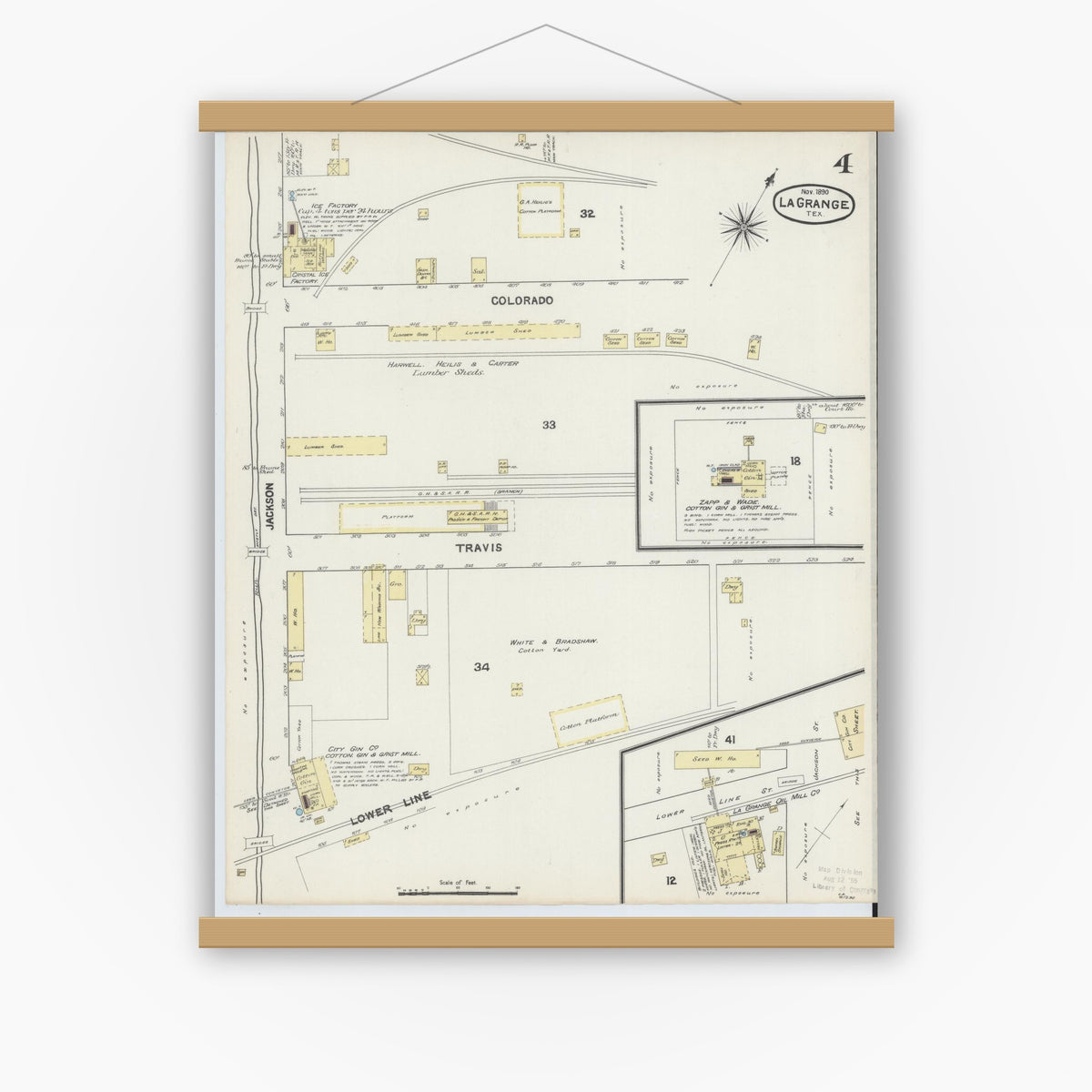 Old map wall art mockup — magnetic wood frame on white wall — Sanborn Fire Insurance Map from La Grange, Fayette County, Texas (1890), Sheet #0004
