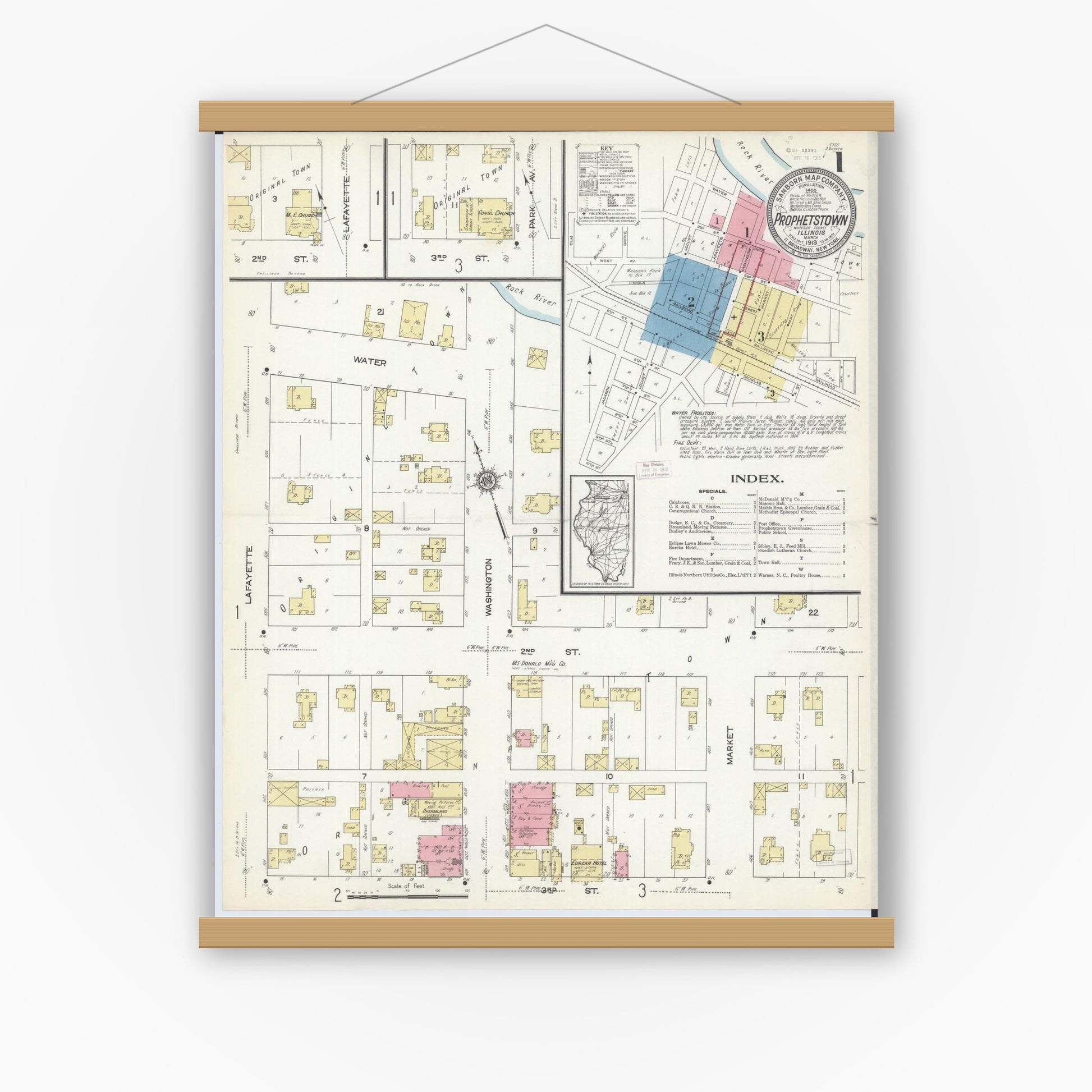Old map wall art mockup — magnetic wood frame on white wall — Sanborn Fire Insurance Map from Prophetstown, Whiteside County, Illinois (1913) - Complete Map Set