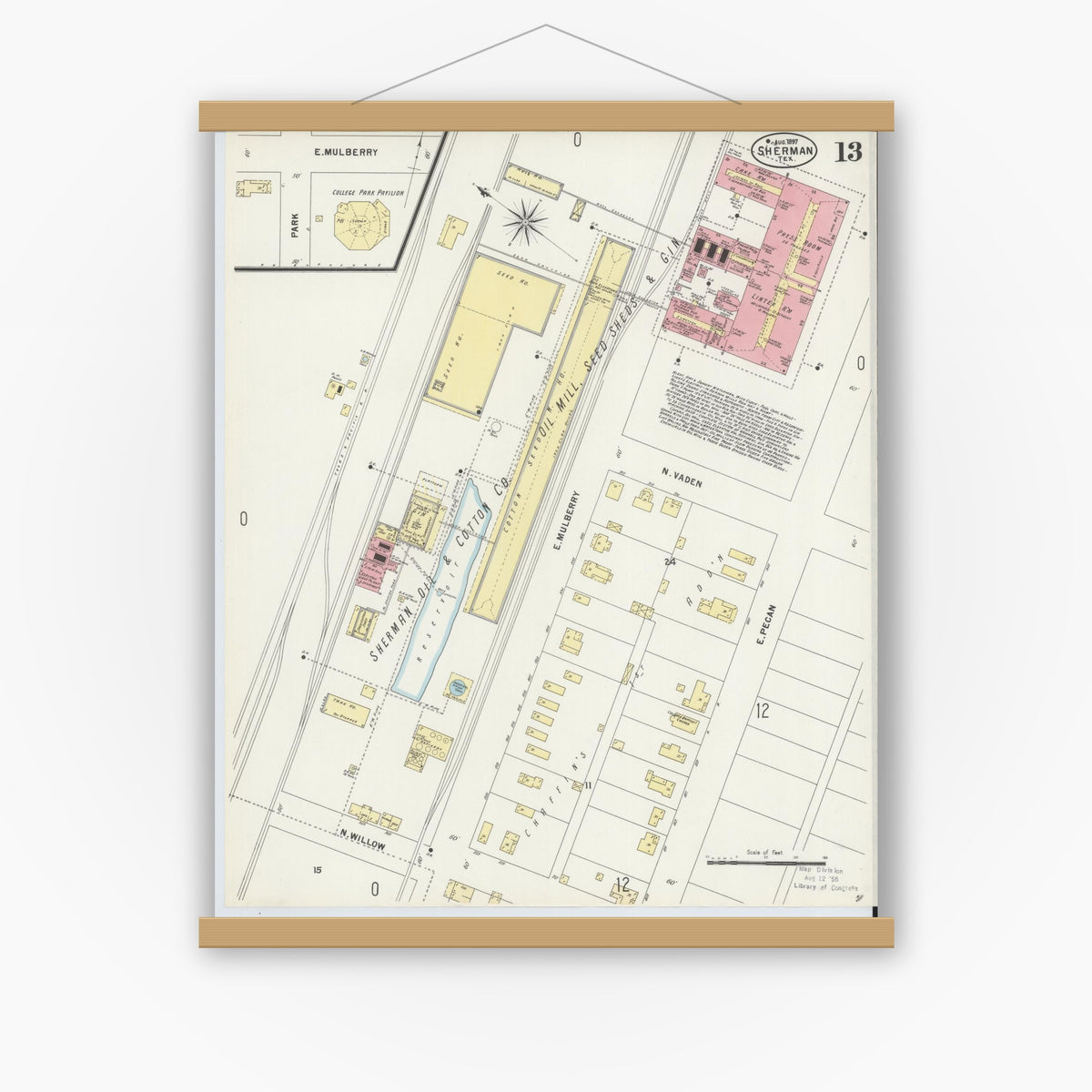 Old map wall art mockup — magnetic wood frame on white wall — Sanborn Fire Insurance Map from Sherman, Grayson County, Texas (1897), Sheet #0013