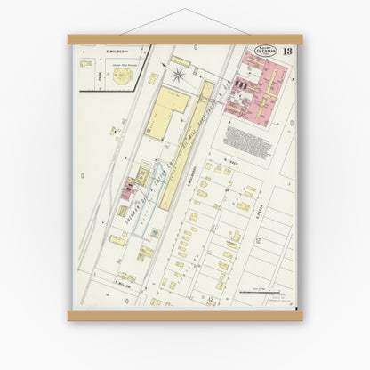 Old map wall art mockup — magnetic wood frame on white wall — Sanborn Fire Insurance Map from Sherman, Grayson County, Texas (1897), Sheet #0013