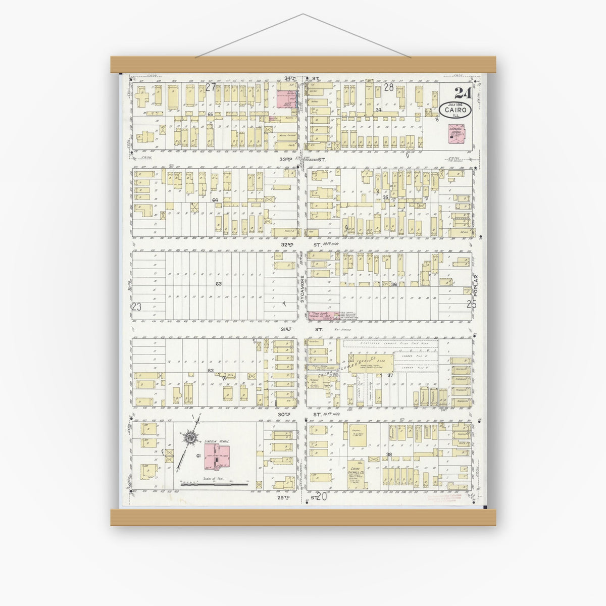 Old map wall art mockup — magnetic wood frame on white wall — Sanborn Fire Insurance Map from Cairo, Alexander County, Illinois (1914), Sheet #0024