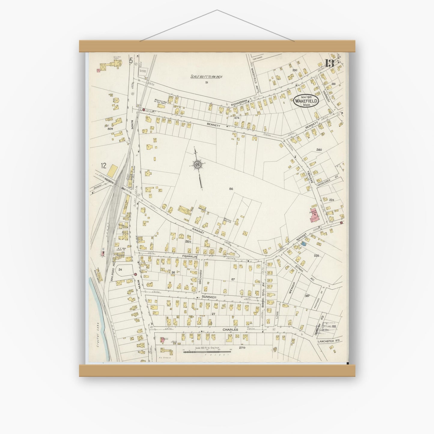 Old map wall art mockup — magnetic wood frame on white wall — Sanborn Fire Insurance Map from Wakefield, Middlesex County, Massachusetts (1915), Sheet #0013