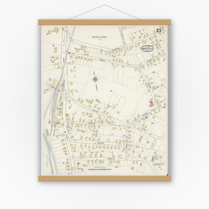 Old map wall art mockup — magnetic wood frame on white wall — Sanborn Fire Insurance Map from Wakefield, Middlesex County, Massachusetts (1915), Sheet #0013