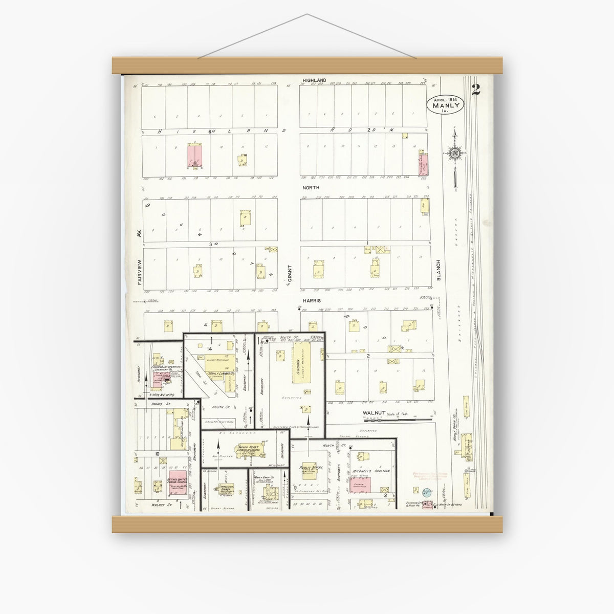 Old map wall art mockup — magnetic wood frame on white wall — Sanborn Fire Insurance Map from Manly, Worth County, Iowa (1914), Sheet #0002