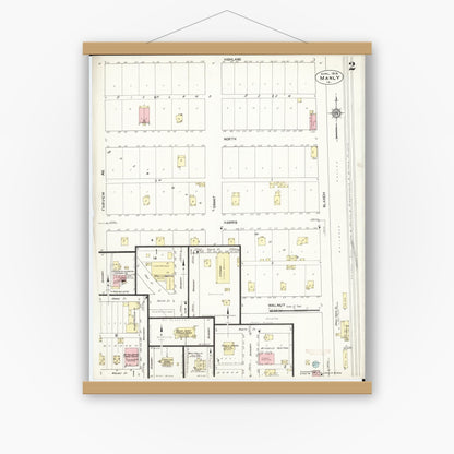Old map wall art mockup — magnetic wood frame on white wall — Sanborn Fire Insurance Map from Manly, Worth County, Iowa (1914), Sheet #0002