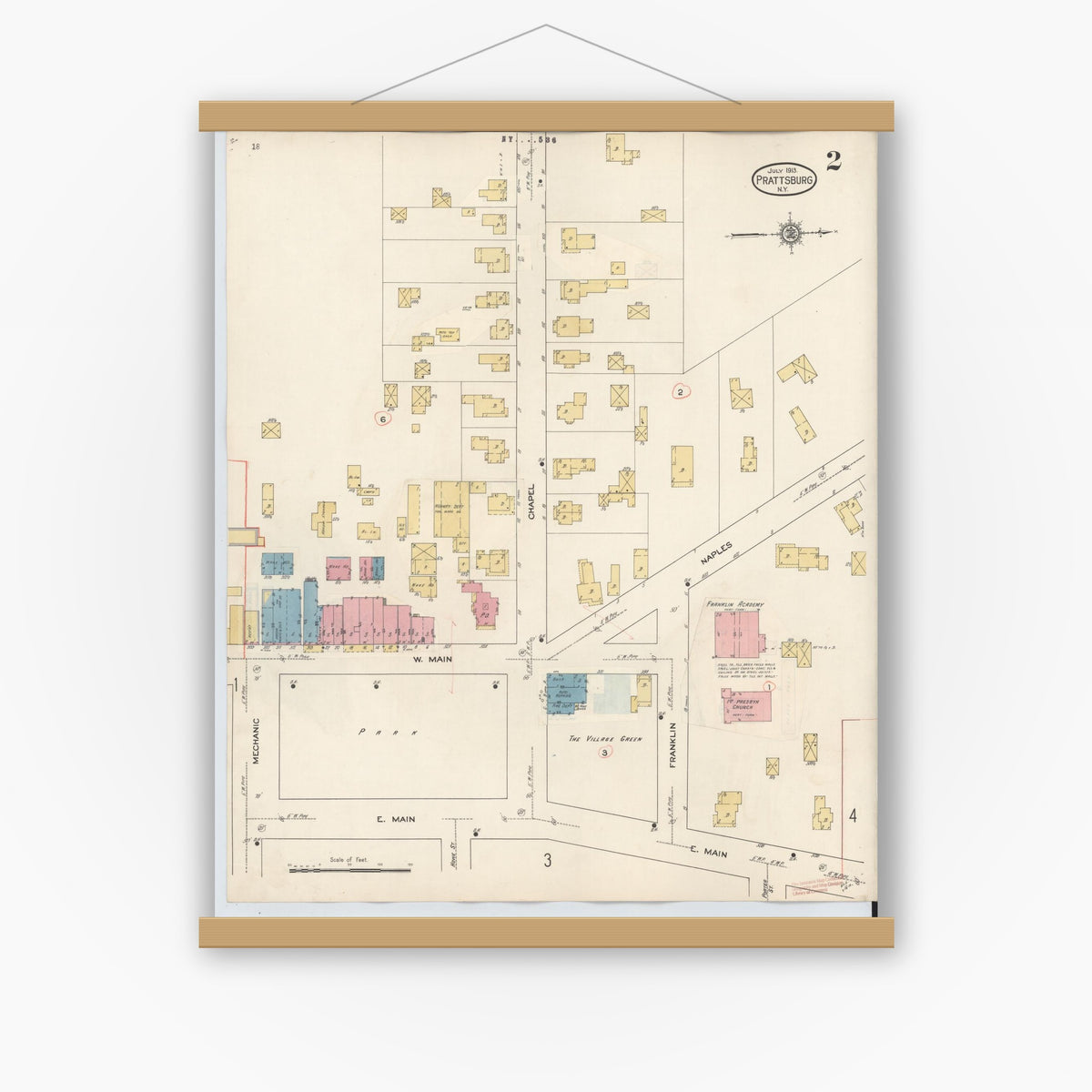 Old map wall art mockup — magnetic wood frame on white wall — Sanborn Fire Insurance Map from Prattsburgh, Steuben County, New York (1934), Sheet #0002