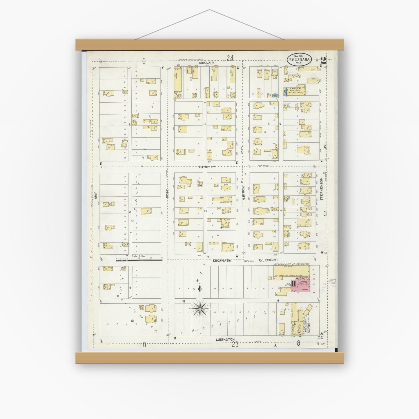Old map wall art mockup — magnetic wood frame on white wall — Sanborn Fire Insurance Map from Escanaba, Delta County, Michigan (1906), Sheet #0002