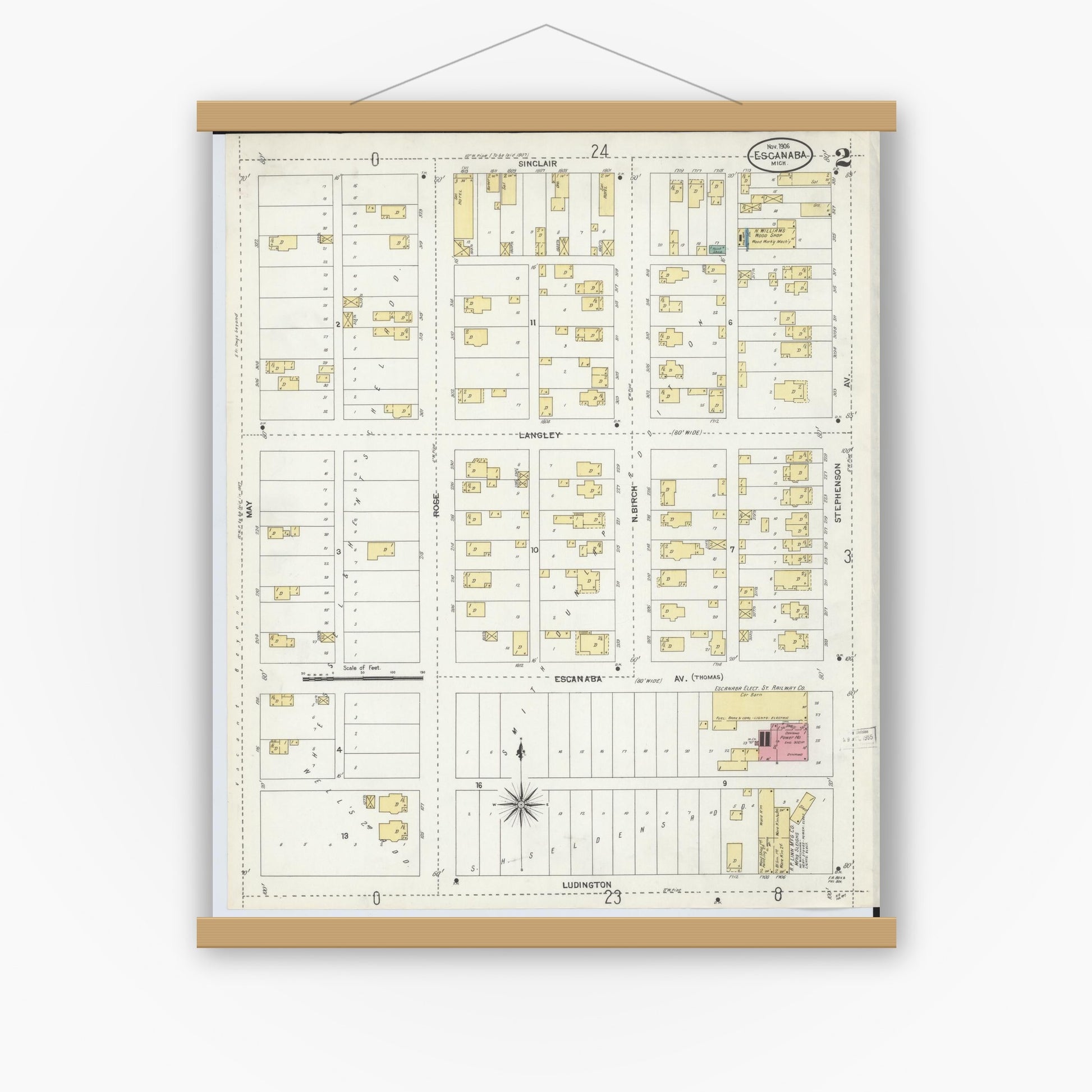 Old map wall art mockup — magnetic wood frame on white wall — Sanborn Fire Insurance Map from Escanaba, Delta County, Michigan (1906), Sheet #0002