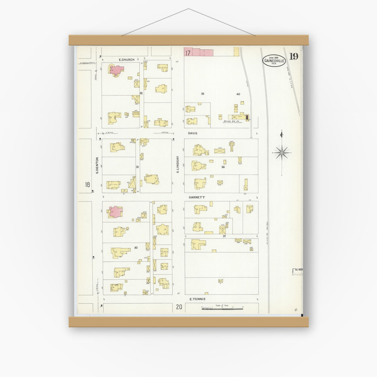 Old map wall art mockup — magnetic wood frame on white wall — Sanborn Fire Insurance Map from Gainesville, Cooke County, Texas (1908), Sheet #0019