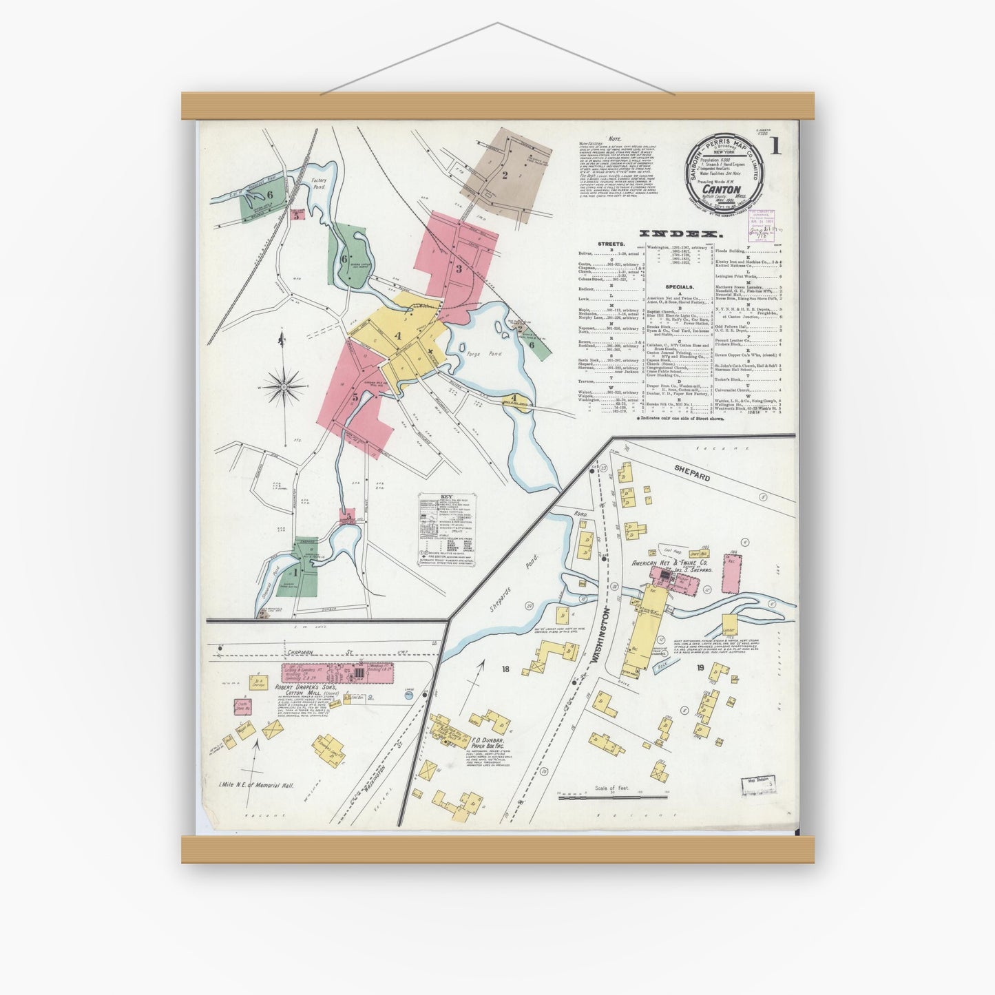 Old map wall art mockup — magnetic wood frame on white wall — Sanborn Fire Insurance Map from Canton, Norfolk County, Massachusetts (1901) - Complete Map Set