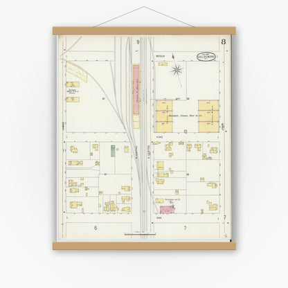 Old map wall art mockup — magnetic wood frame on white wall — Sanborn Fire Insurance Map from Goldsboro, Wayne County, North Carolina (1896), Sheet #0008
